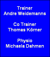 Trainer
Andre Weidemanns

Co Trainer
Thomas Körner

Physio
Michaela Dahmen